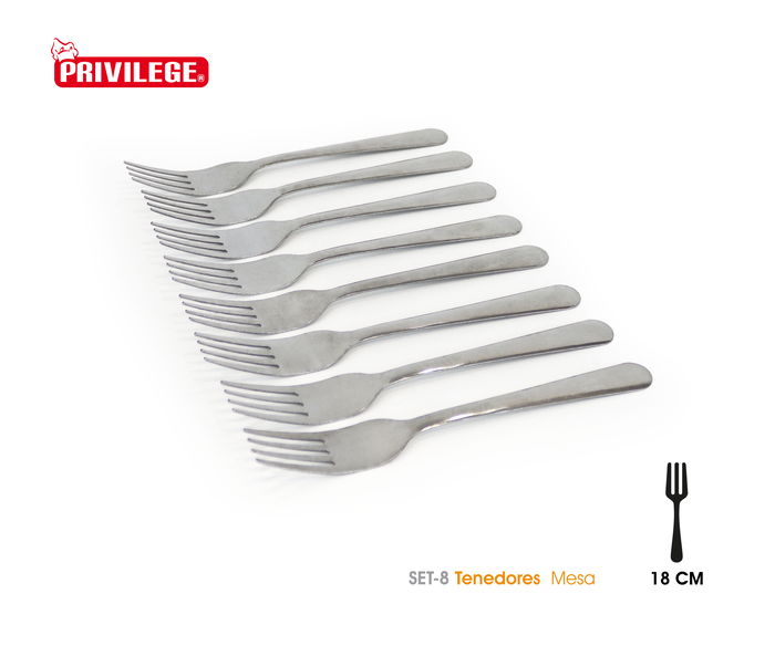 Privilege Set de 8 Tenedores de Mesa Privilege - Largo: 20.8 cm, Ancho: 8.4 cm, Alto: 1 cm (24 Unidades)