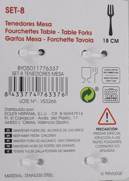 Privilege Set de 8 Tenedores de Mesa Privilege - Largo: 20.8 cm, Ancho: 8.4 cm, Alto: 1 cm (24 Unidades)