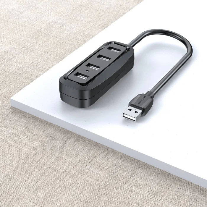 Vention VAS-J43-B015 Hub USB 2.0, 4 Puertos, Negro, Cable de 15 cm, Plug & Play, Compatible con Windows y macOS