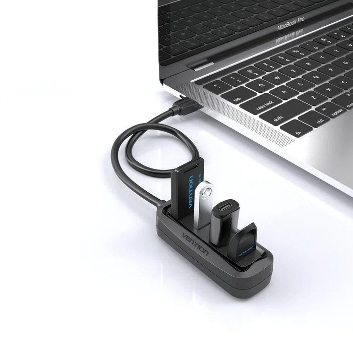 Vention VAS-J43-B015 Hub USB 2.0, 4 Puertos, Negro, Cable de 15 cm, Plug & Play, Compatible con Windows y macOS