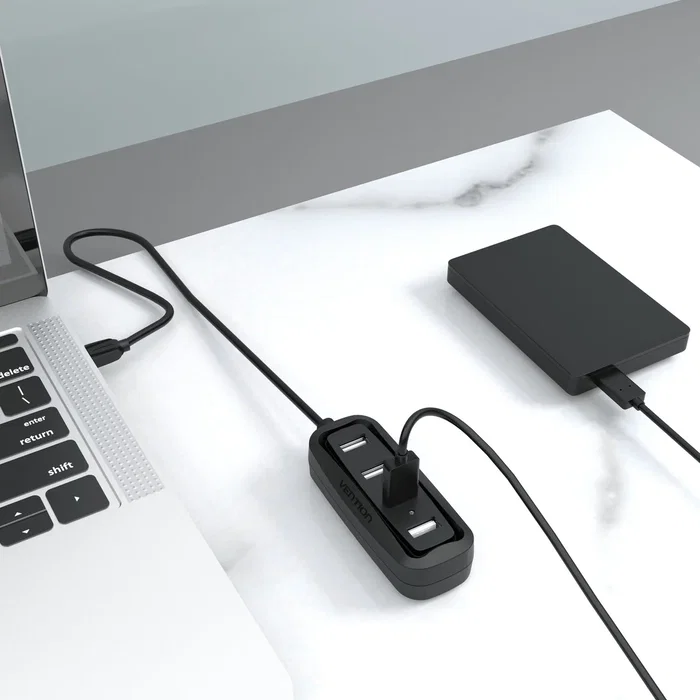Vention VAS-J43-B015 Hub USB 2.0, 4 Puertos, Negro, Cable de 15 cm, Plug & Play, Compatible con Windows y macOS