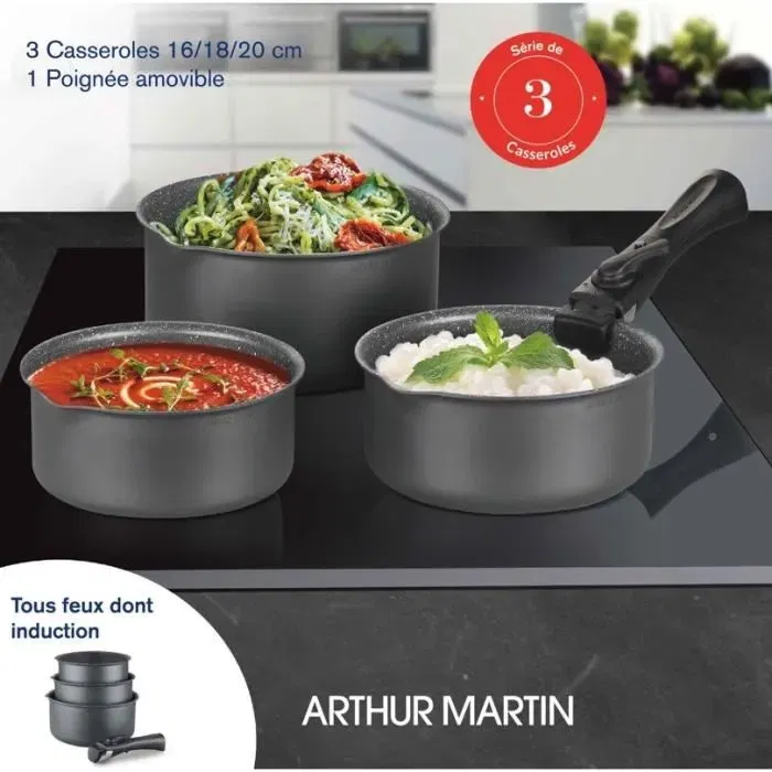Arthur Martin AM777GM Batería de Cocina Conjunto de 3 sartenes 16-18-20 cm Matt Gray con 1 Manija extraíble, apta para inducción Arthur Martin AM777GM Batería de Cocina Conjunto de 3 sartenes 16-18-20 cm Matt Gray con 1 Manija extraíble, apta para inducción