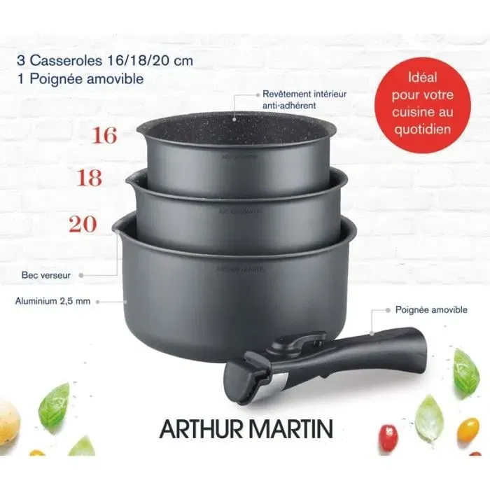 Arthur Martin AM777GM Batería de Cocina Conjunto de 3 sartenes 16-18-20 cm Matt Gray con 1 Manija extraíble, apta para inducción Arthur Martin AM777GM Batería de Cocina Conjunto de 3 sartenes 16-18-20 cm Matt Gray con 1 Manija extraíble, apta para inducción
