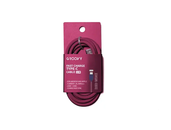 GROOVY Cable USB-C a USB-C de alto rendimiento 2,0A, 1 m, Rojo vino tinto GROOVY Cable USB-C a USB-C de alto rendimiento 2,0A, 1 m, Rojo vino tinto