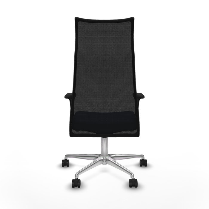 Sillón Albacete con mecanismo Sincro tapizada con Similpiel color Azul marino y malla color Negro. Equipado con Base aluminio, Brazos 1D y Ruedas 65mm nailon