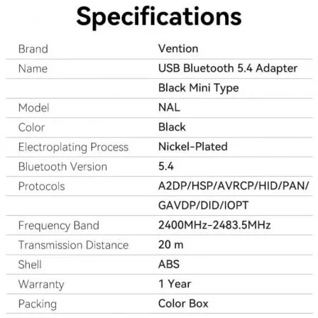 Vention Adaptador USB Bluetooth 5.4 NALB0 Inalámbrico para Múltiples Dispositivos Hasta 20m