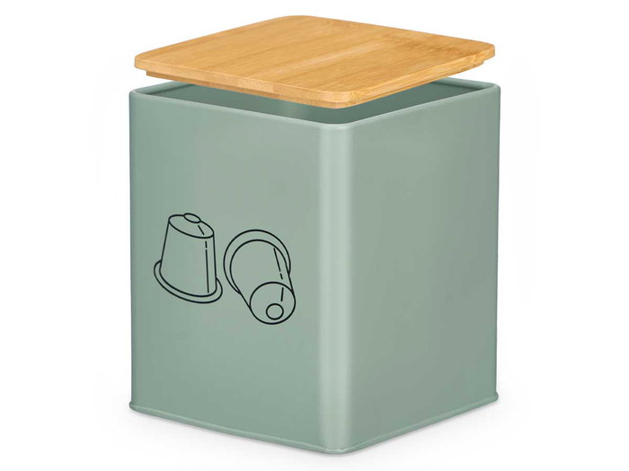 Kinvara Tarro Cuadrado Tapa Bambú Portacápsulas Verde Ment 14x16.5x14 cm (Set de 12)