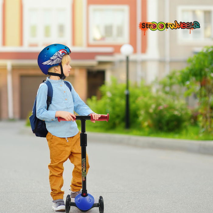 DEQUBE Patinete de 3 Ruedas Azul con Luces Led para Niños de 2-6 Años, Barra Ajustable y Plegable