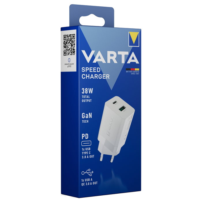 Varta Speed Charger 38W GaN con USB-C y USB-A, Blanco Varta Speed Charger 38W GaN con USB-C y USB-A, Blanco