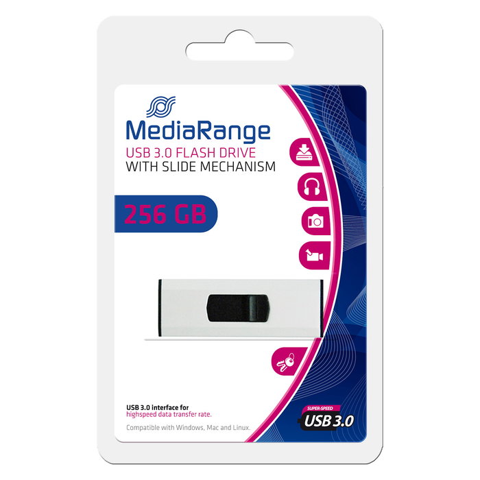 MEDIARANGE MR919 Memoria USB 3.2 Gen 1 de 256 GB, Slider, Lectura 100 MB/s, Negro y Plata, 54x18x7 mm, 15 g