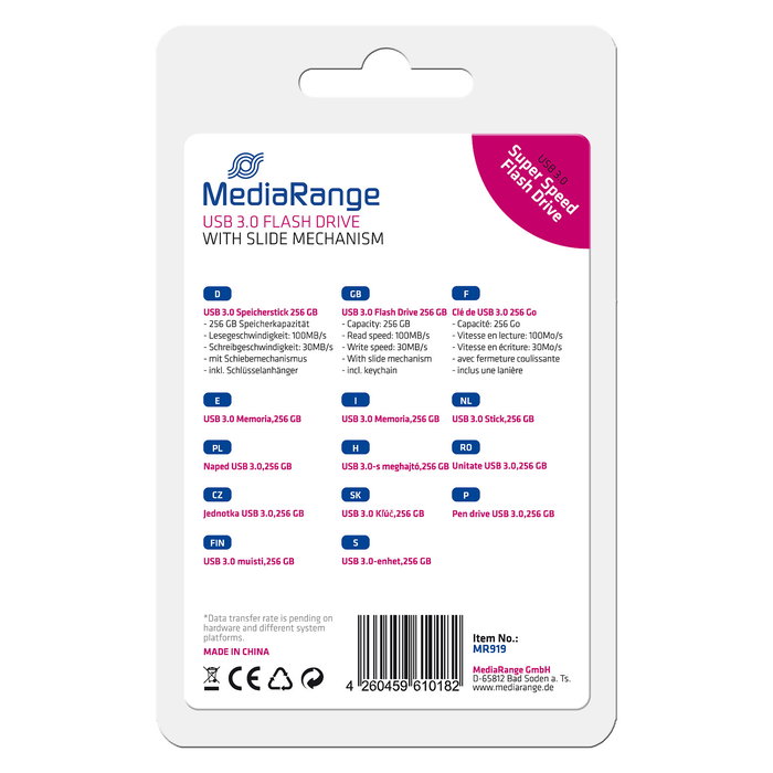 MEDIARANGE MR919 Memoria USB 3.2 Gen 1 de 256 GB, Slider, Lectura 100 MB/s, Negro y Plata, 54x18x7 mm, 15 g