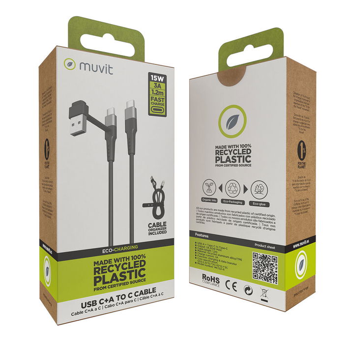 muvit for change cable Tipo C + Tipo A a Tipo C 3A 15w 1,2m negro muvit for change cable Tipo C + Tipo A a Tipo C 3A 15w 1,2m negro