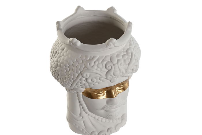 DKD Home Decor Macetero Sicilia 2024 Cabeza Siciliana Blanco Dorado 15x15x26.5 cm (2 Unidades)