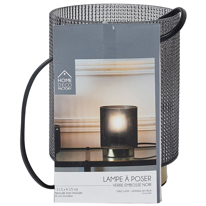 Home Deco Factory Lampara de Mesa Negra con Luz Suave, Translucida, Vidrio en Relieve, para Mesita de Noche o Escritorio, 11.5 cm d., 15 cm h., E14