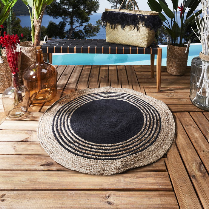 Home Deco Factory Alfombra Redonda de Yute con Decoración Geométrica en Negro, 90 cm