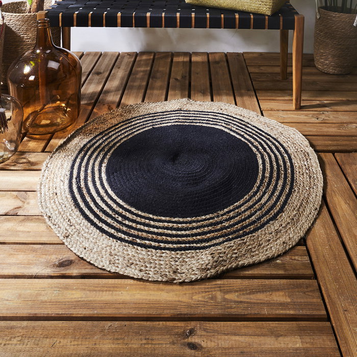 Home Deco Factory Alfombra Redonda de Yute con Decoración Geométrica en Negro, 90 cm