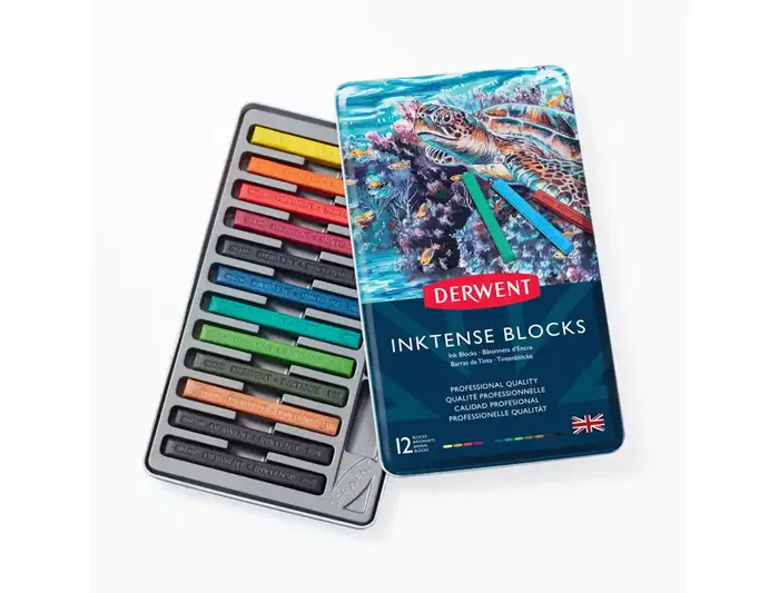 Derwent Barra Acuarelable Inktense Caja Metálica de 12 Unidades Colores Surtidos, Trazos Vivos Solubles en Agua