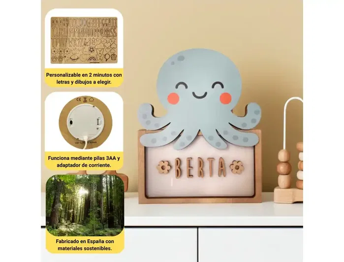 Wondee Lámpara de Noche Pulpo Personalizable de Madera Sostenible