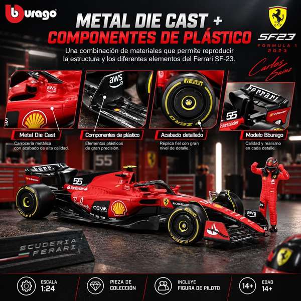 Burago Ferrari F1 Racing Sf23 Carlos Sainz Escala 1:24 Burago Ferrari F1 Racing Sf23 Carlos Sainz Escala 1:24