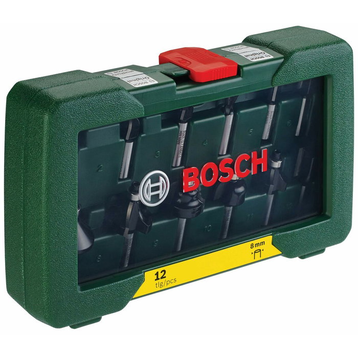 Bosch Juego de 12 brocas de carburo para fresadora para madera, vástago de Ø 8 mm