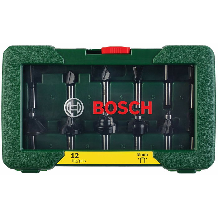 Bosch Juego de 12 brocas de carburo para fresadora para madera, vástago de Ø 8 mm