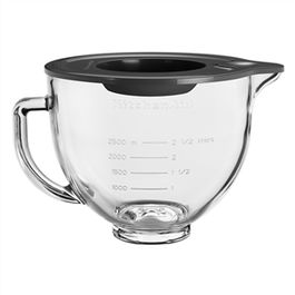 Kitchenaid 5KSM5GB Bol de Cristal con Pico Vertido y Líneas de Medición, Apto para Microondas y Congelador con Tapa de Silicona