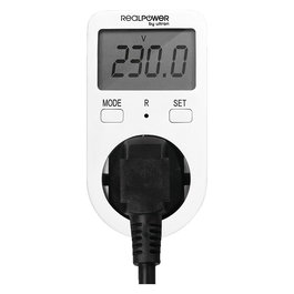 RealPower EM-1 Medidor de Energía Eléctrica, LCD, CA 16A, 76x53x100 mm, Medición V, W, kWh, Certificado CE y RoHS