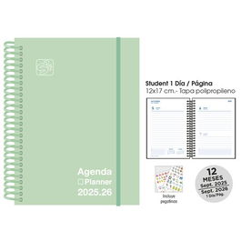 Agenda Escolar (2025-26) Senfort Student Unicolor Espiral Tapa Pp Con Goma 120X170 D/P Pastel Verde
