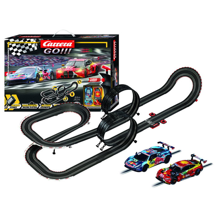 Carrera GO!!! Circuito de Carreras High Speed Showdown Escala 1:43, 8.9m de Pista, Incluye 2 Coches, Bucles y Más