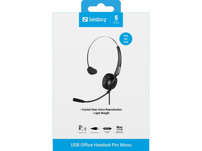 Sandberg USB Office Headset Pro Mono Auricular con Micrófono Flexible para Oficina y Estudio Conexión USB