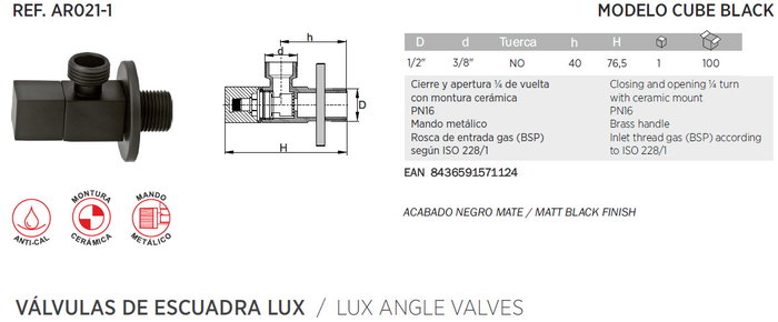 Válvula de escuadra 1/2 x 3/8 negro Mod Black Cube M/Redond AR021-1