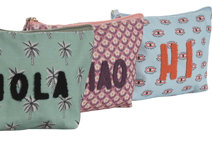 DKD Home Decor Set de 3 Neceseres de Canvas Tropical Boho en Verde, Azul y Coral
