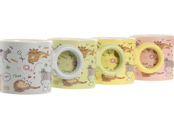 DKD Home Decor Mug Verde Rosa Porcelana New Bone Gatos 330ml 14 x 8.5 x 8.3 cm (12 Unidades)