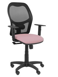 Silla de oficina Alocén con mecanismo Sincro tapizada con Tela color Rosa y malla color Negro. Equipada con lumbar 1D, Brazos 1D y Ruedas de nailon 50 mm