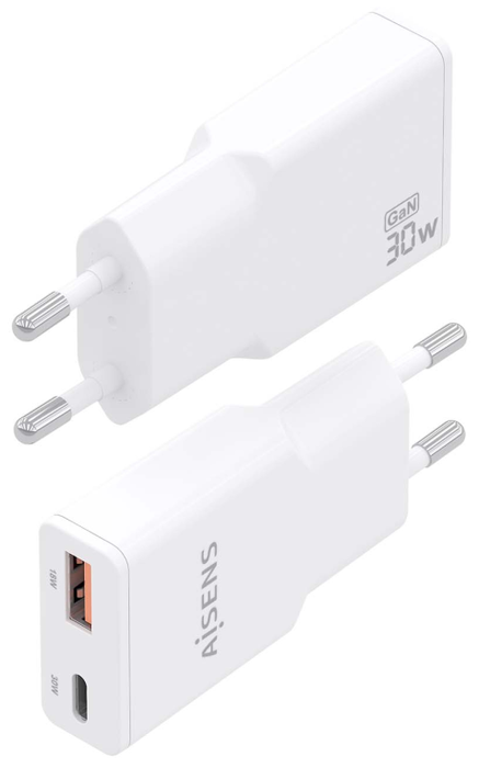 Aisens Cargador GaN 30W Ultra Delgado Blanco USB-C y USB-A Aisens Cargador GaN 30W Ultra Delgado Blanco USB-C y USB-A