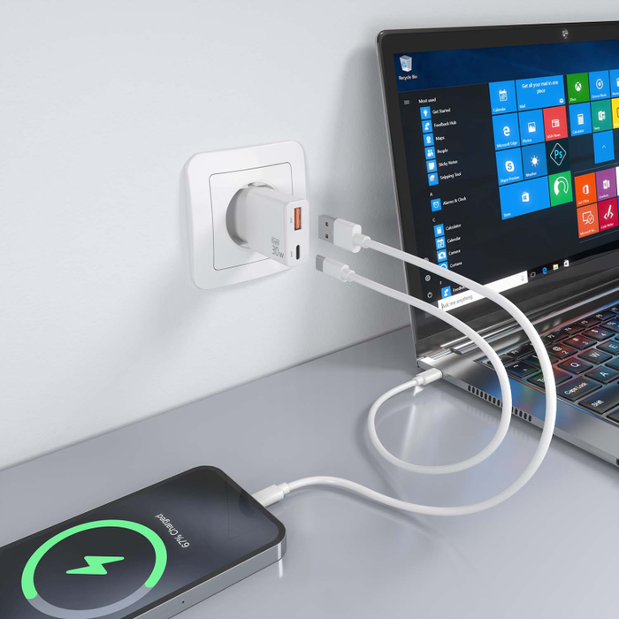 AISENS Cargador GaN Ultra Delgado 30W USB-C y USB-A Blanco ASCH-30W2P046-W