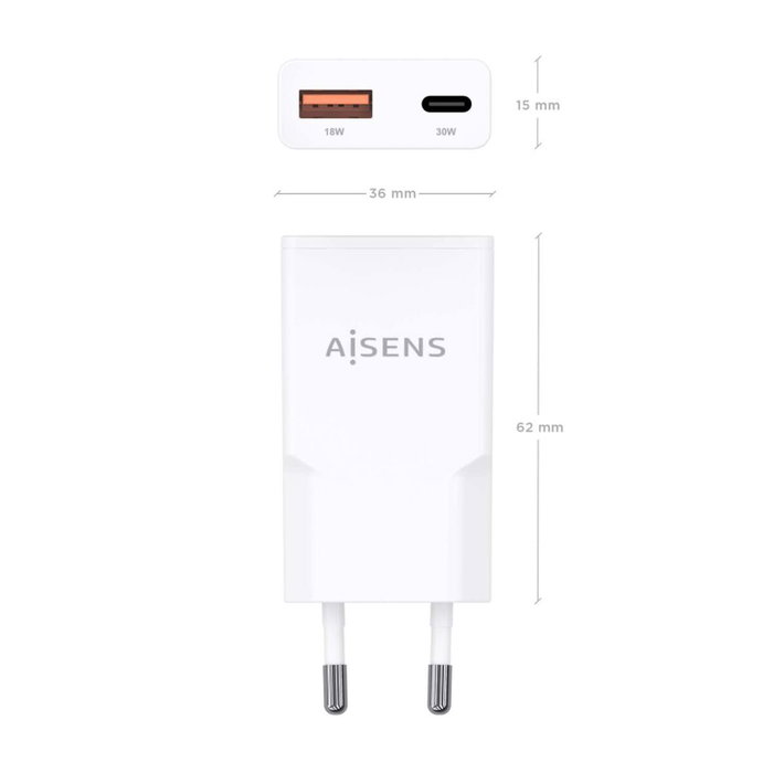 Aisens Cargador GaN 30W Ultra Delgado Blanco USB-C y USB-A Aisens Cargador GaN 30W Ultra Delgado Blanco USB-C y USB-A