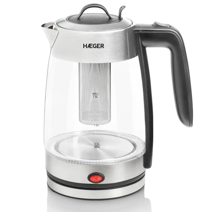 Haeger EK-22F.020A Tetera Eléctrica 1,8 Litros 2200 W Gris Transparente, Acero Inoxidable y Vidrio, Sin Cables y Apagado Automático