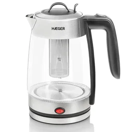 Haeger EK-22F.020A Tetera Eléctrica 1,8 Litros 2200 W Gris Transparente, Acero Inoxidable y Vidrio, Sin Cables y Apagado Automático