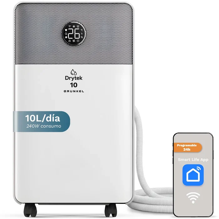 Grunkel DH-10DT Deshumidificador Wi-Fi, 10L/24h, Depósito 2L Extrafble, 42 dB, Gris y Blanco, Control por App, Temporizador 24h
