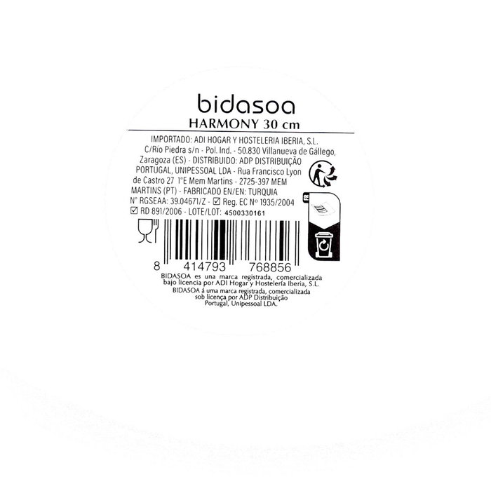 Bidasoa Plato Llano Harmony Hydrozero 30 cm (6 Unidades) Blanco