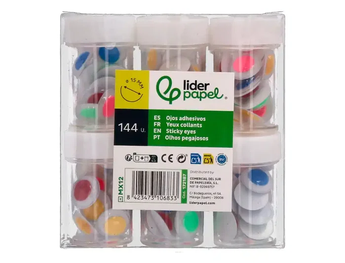 Liderpapel Ojos para manualidades de 15 mm con pupilas de colores surtidos, pack de 144 unidades