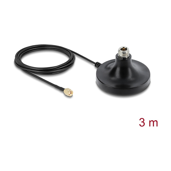 DeLOCK ULA100 Antena Magnética, Base de Antena Magnetischer Antennen Standfuß N a RP-SMA, 3 m Cable, Negro, IP67, Exterior, -40 a 85 °C