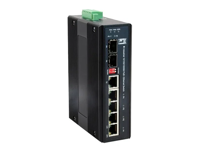 LevelOne IES-0610 Switch Industrial Gigabit Ethernet con PoE, 4 Puertos 10/100/1000 PoE+, 1 Puerto SFP Combo, Montaje Pared/DIN, Negro