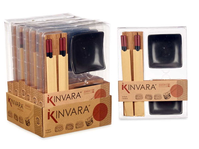 Kinvara Set de Sushi de Cerámica y Bambú Negro 6 Piezas 20x3x27 cm (Set de 12)