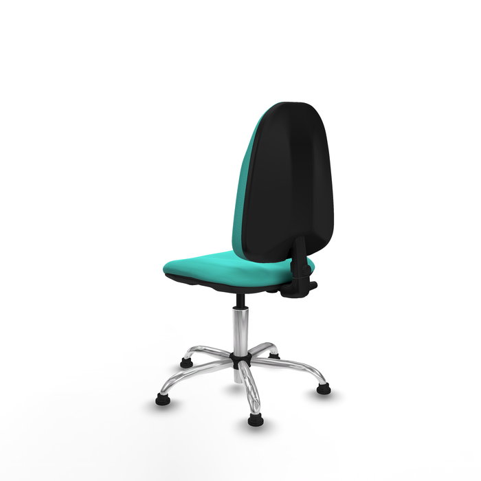 Silla de oficina Algarra con mecanismo Contacto permanente básico tapizada con Similpiel color Turquesa. Equipada con Base cromada, Sin brazosy Topes