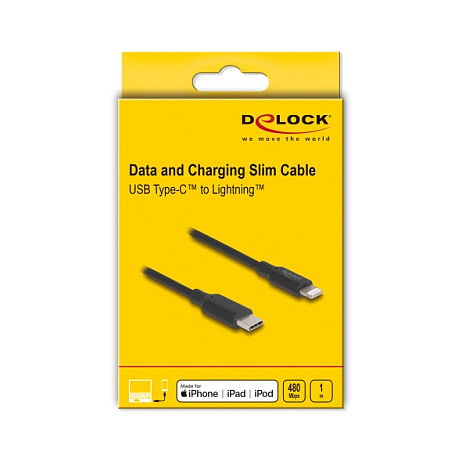 DeLOCK Cable MFi USB Tipo C a Lightning de Carga y Datos Slim 1 m para iPhone iPad iPod Negro