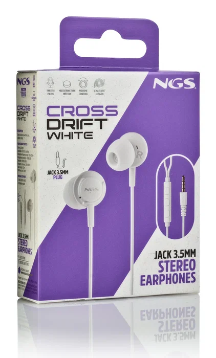 NGS CROSS DRIFT WHITE Auriculares Intrauditivos con Cable, Micrófono con Botón Multifunción y Control de Volumen para Llamadas y Música, Color Blanco