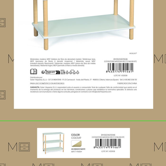 Inde Estantería Madera Rectangular 3 Niveles Blanca 80x25x60 cm