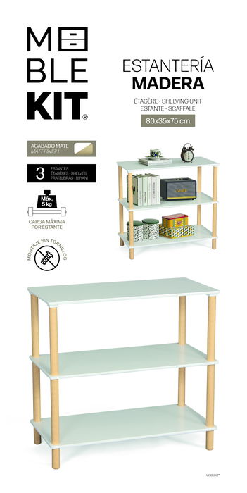 Inde Estantería Madera Rectangular 3 Niveles Blanca 80x25x60 cm